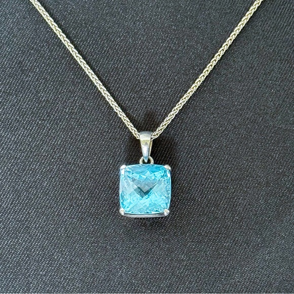 Blue Topaz Pendant Necklace With 10” Silver Plated Chain - Picture 1 of 5
